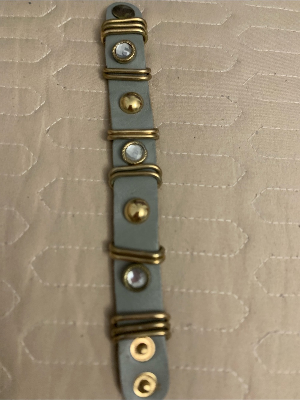 Vintage Gray Leather Bracelet with Gold Accents and Clear Crystals